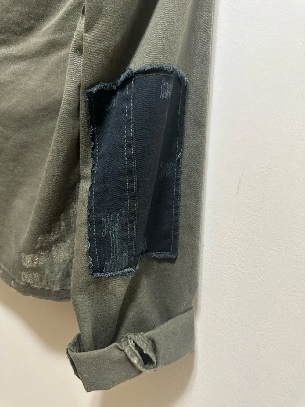 Free People LOU Olive Green/Black Accent Distressed Military Denim Jacket (XS) - Picture 9 of 12